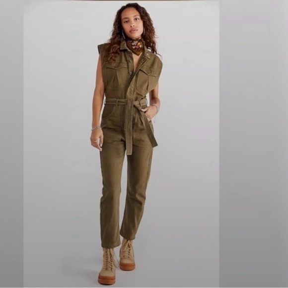 Free People Sydney Denim Coveralls in Green Sleeveless size Medium - Picture 3 of 12